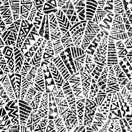 Seamless geometric pattern. Ornament in patchwork style. Grunge texture. Ethnic and tribal motifs. Black and white print. Vector illustration.のイラスト素材