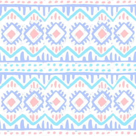 Seamless ethnic print. Blue, gray and pink stripes on a white background. Prints for textiles. Vector illustration.のイラスト素材