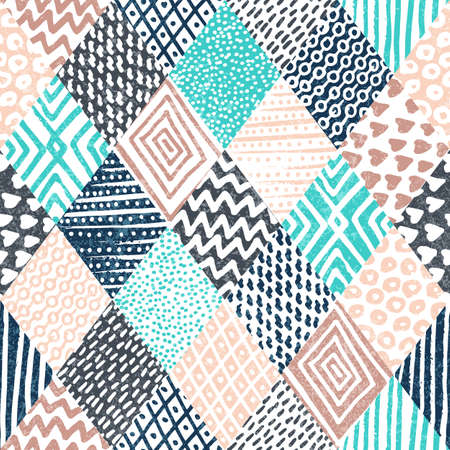 Seamless geometric pattern. Vintage ornament drawn by hand. Blue, gray, beige and white colors. Prints for textiles. Vector illustration.のイラスト素材