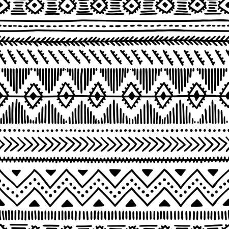 Seamless ethnic pattern. Handmade. Horizontal stripes. Black and white print for your textiles. Vector illustration.のイラスト素材