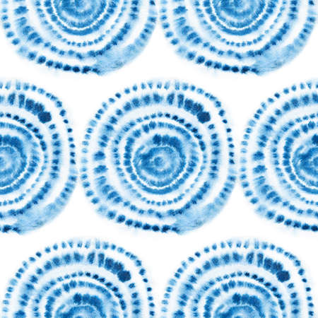 Seamless shibori pattern, tie-dye ornament. Blue watercolor rings on a white background. Handmade. Vintage print.の写真素材