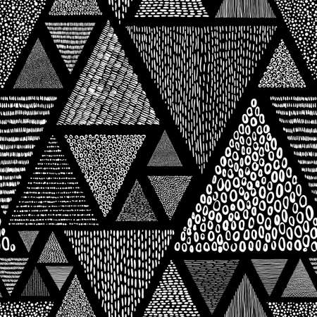 Black and white doodle style pattern. Patchwork ornament drawn by hand. Set of triangles.のイラスト素材