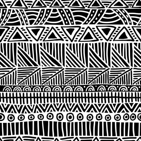 Seamless ethnic pattern. Handmade. Horizontal stripes. Black and white print for your textiles.のイラスト素材