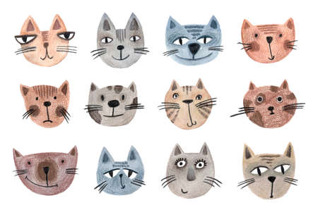 Set of muzzles of cats drawn by hand. Animal cartoon pattern for wrapping paper, textiles, posters, scrapbooking. Funny illustration.の写真素材