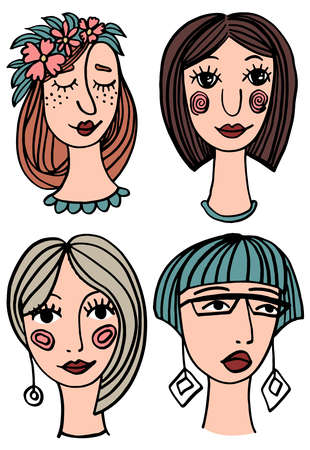 Stylized portrait of a girl - set of fashion illustrations. Cute cartoon pattern.のイラスト素材