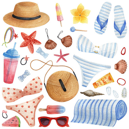 Beach set drawn by watercolor. Cute cartoon pattern. Stylish outfit for a girl on the sea on...