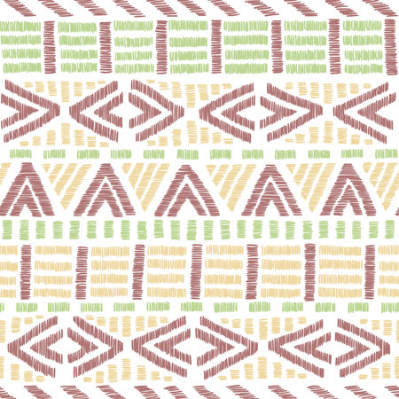 Seamless embroidered tribal pattern. Geometric ornament in a bohemian style. Striped print for...