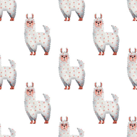 Llama - cute seamless pattern. Cartoon isolated animals on a white background. Funny print for kids textiles.の写真素材