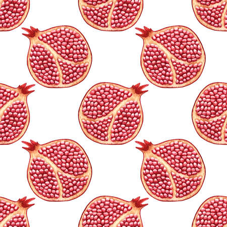Pomegranate slices on white background seamless pattern. Print for textiles.の写真素材