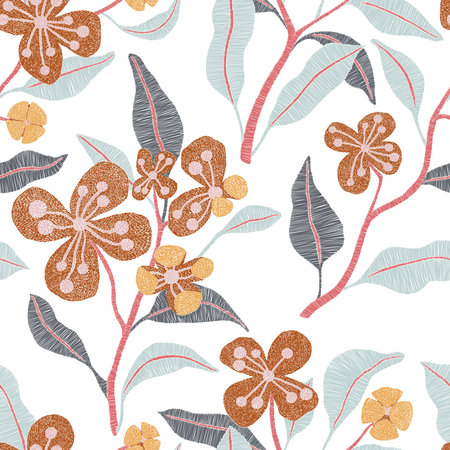 Embroidered seamless floral pattern. Isolated branches with flowers on a white background. Bohemian...