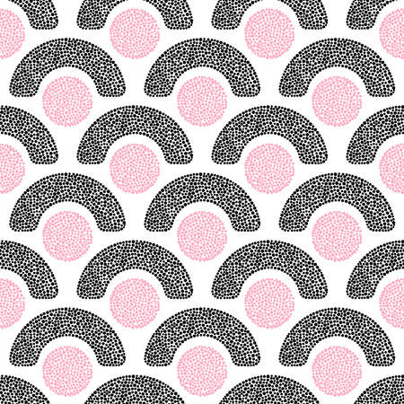 Cute seamless pattern in doodle style. Black and pink elements isolated on white background. Polka dot print for textiles.のイラスト素材