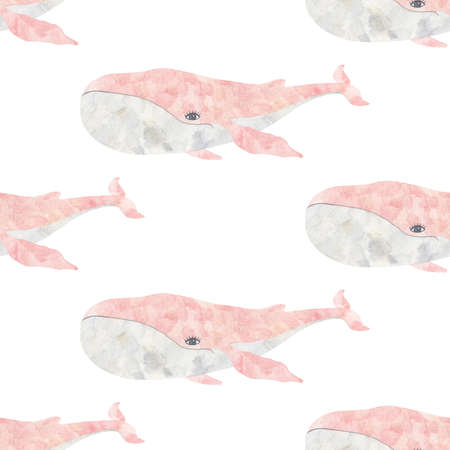 Pink whales on a white background seamless pattern. Cute summer print for textiles. Watercolor illustration on paper.の写真素材