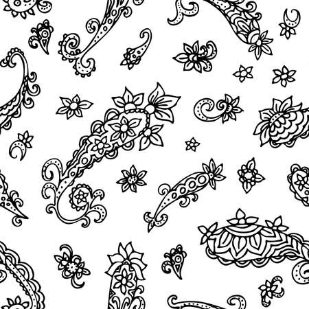 Black and white paisley seamless pattern. Isolated ink drawn elements. Cute floral ornament for textiles.のイラスト素材