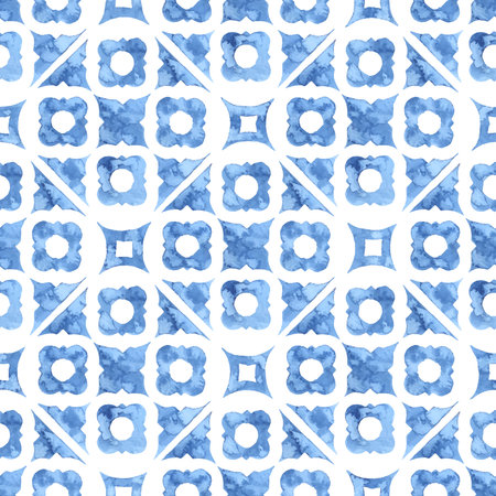 Seamless moroccan pattern. Square vintage tile. Blue and white watercolor ornament painted with...