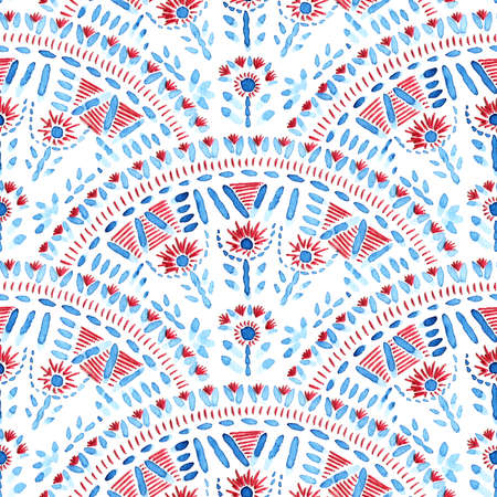 Seamless wavy embroidered and watercolor pattern. Handmade. Blue, red and white colors. Prints for textiles. Ethnic and tribal motifs.の写真素材