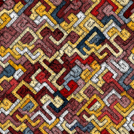 Embroidery - seamless ornament. Colored lines on a black background. Handmade. Ethnic and tribal motifs. Print in the bohemian style.の写真素材