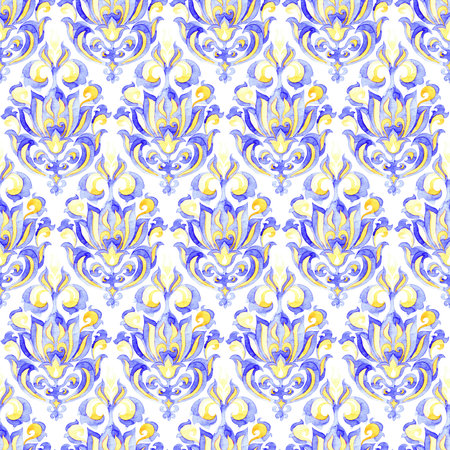 Seamless watercolor pattern. Yellow, blue and white brush-drawn ornament on paper.