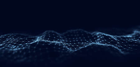 Futuristic digital wave. Dark cyberspace. Abstract wave with dots. Moving particles on a blue background. 3d rendering.の写真素材