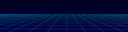 Technology wireframe landscape. Vector perspective grid. Digital space. Blue mesh on a black background.のイラスト素材