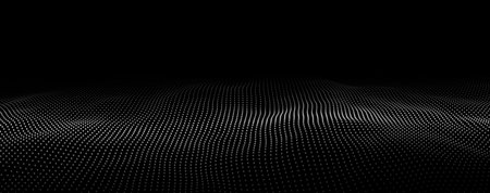 Futuristic digital wave. Dark cyberspace. Abstract vector wave with dots. White moving particles on a black background.のイラスト素材