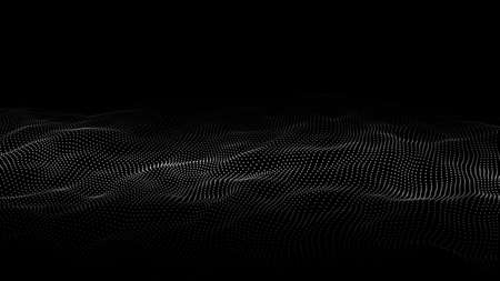 Futuristic digital wave. Dark cyberspace. Abstract vector wave with dots. White moving particles on a black background.のイラスト素材