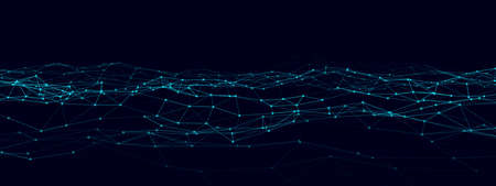 Abstract technology wave of particles. Big data visualization. Vector dark background with motion dots and lines. Artificial intelligence.のイラスト素材