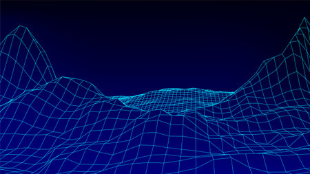 Vector mountain wireframe landscape. Technology polygonal terrain. Futuristic blue background.のイラスト素材