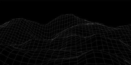 Vector mountain wireframe landscape. Technology polygonal terrain. Futuristic black background.のイラスト素材
