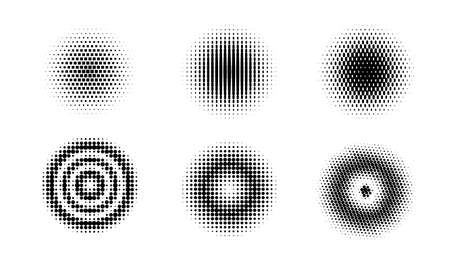 Set of vector halftone circles with dots. Pattern design elements with black and white gradient.のイラスト素材