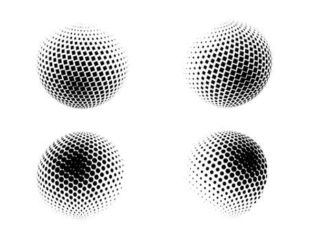 Set of vector halftone spheres. Dotted circles with black and white gradient. Pattern design elements.のイラスト素材