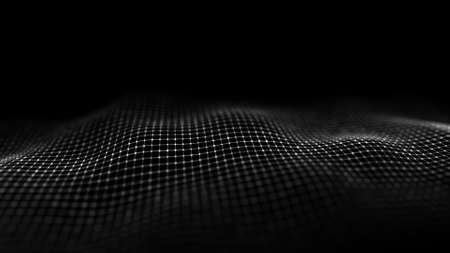 Futuristic digital wave. Dark cyberspace. Abstract wave with dots and line. White moving particles on a black background. 3d rendering.の写真素材