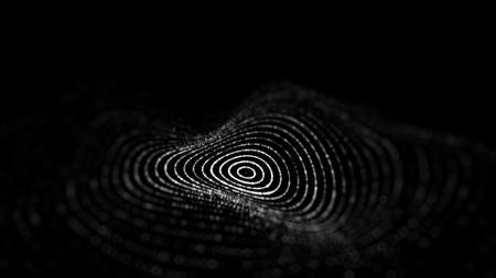 Futuristic circle wave. Dark cyberspace. Abstract music sound wave with dots. White moving particles on a black background. 3d rendering.の写真素材