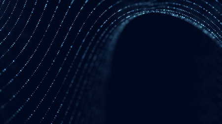 Futuristic digital wave with dots. Dark cyberspace. Abstract music background. Big data visualization with particle flow. 3d rendering.の写真素材