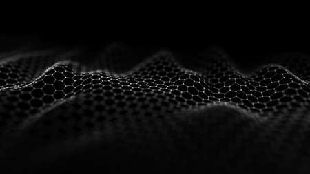 Futuristic hexagon wave. Dark cyberspace. Abstract wave with dots and line. White moving particles on a black background. 3d rendering.の写真素材