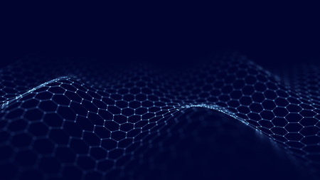 Futuristic hexagon wave. Dark cyberspace. Abstract wave with dots and line. White moving particles on a black background. 3d rendering.の写真素材