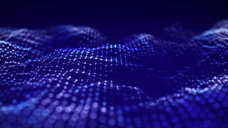 Futuristic digital wave. Dark cyberspace. Abstract wave with dots and line. White moving particles on a black background. 3d rendering.の写真素材