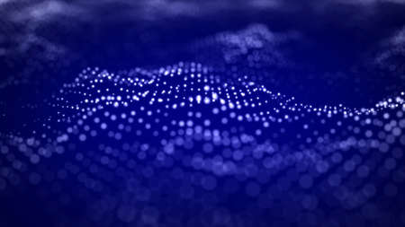 Futuristic digital wave. Dark cyberspace. Abstract wave with dots. White moving particles on a blue background. 3d rendering.の写真素材