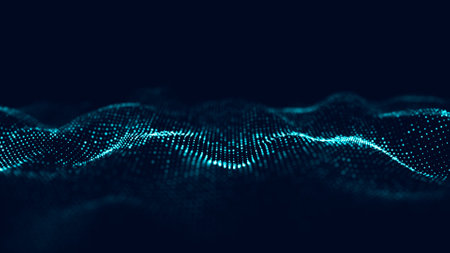 Futuristic technology wave. Digital cyberspace. Abstract wave with moving particles on a blue background. Big data analytics. 3d rendering.の写真素材