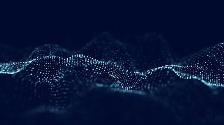 Futuristic technology wave. Digital cyberspace. Abstract wave with moving particles on a blue...