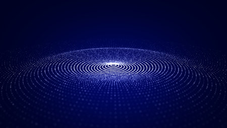 Futuristic circular wave. Dark cyberspace. Abstract sound wave with dots. White moving particles on...
