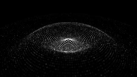 Futuristic circle wave. Dark cyberspace. Abstract music sound wave with dots. White moving particles on a black background. 3d rendering.の写真素材