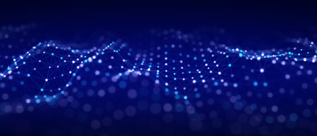 Abstract technology wave of particles. Big data visualization. Dark background with motion dots and...