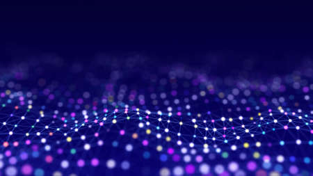Abstract technology wave of particles. Big data visualization. Dark background with motion dots and lines. Artificial intelligence. 3d rendering.の写真素材