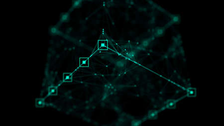 Technology block chain network connection. Big data visualization. Cyber security background. Green cube, consisting of block. 3D rendering.の写真素材