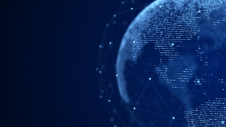 Virtual planet Earth with particles and lines. Network connection big data. Abstract technology blue...