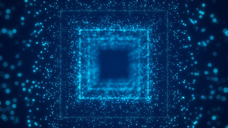 Abstract wireframe tunnel. Blue wormhole. 3D portal grid. Futuristic fantasy square funnel. 3d...