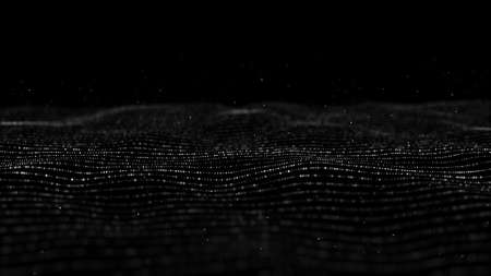 Futuristic technology wave. Digital cyberspace. Abstract wave with moving particles on a black background. Big data analytics. 3d rendering.の写真素材