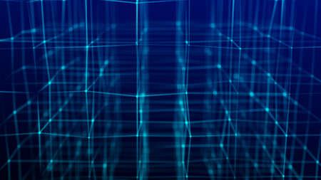 Technology block chain network connection. Big data visualization. Cyber security background. Blue cube, consisting of block. 3D rendering.の写真素材