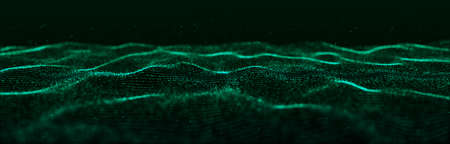 Futuristic technology wave. Digital cyberspace. Abstract wave with moving particles on a green background. Big data analytics. 3d rendering.の写真素材