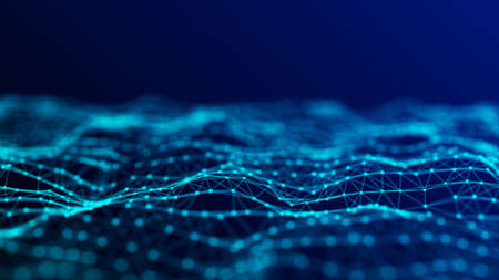 Abstract technology wave of particles. Big data visualization. Dark background with motion dots and lines. Artificial intelligence. 3d rendering.の写真素材
